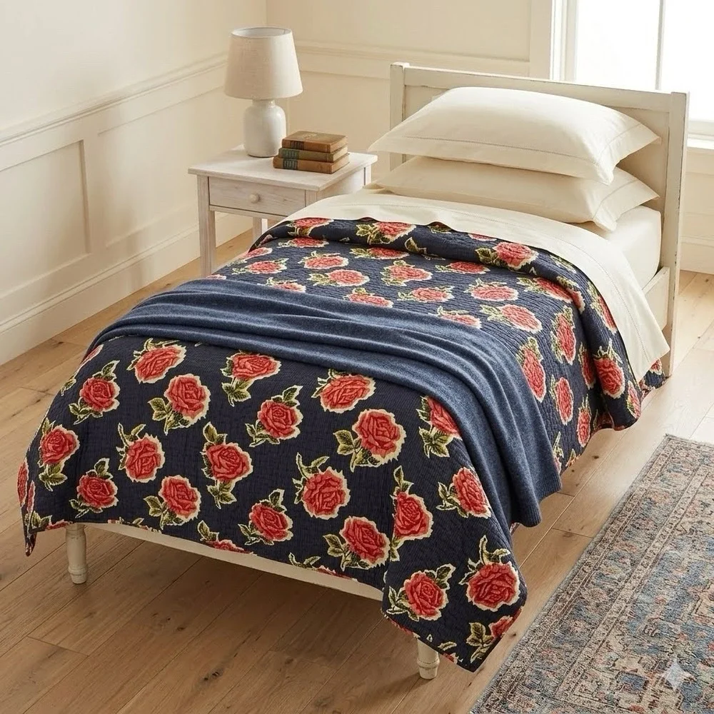 Garnet Hill Twin Cotton Reversible Floral Patchwork Rose Hydrangea Quilt Blanket